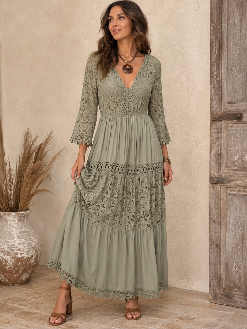 Zenara Woman Artemis Green Bohemian Cotton Lace Maxi Dress Size S